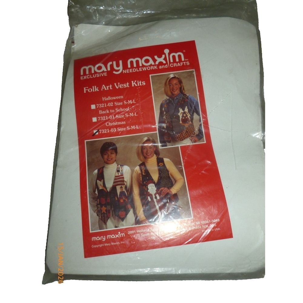 Mary Maxim Folk Art Vest Kit 7321-03 Christmas Santa Holiday DIY Craft S-M-L NEW
